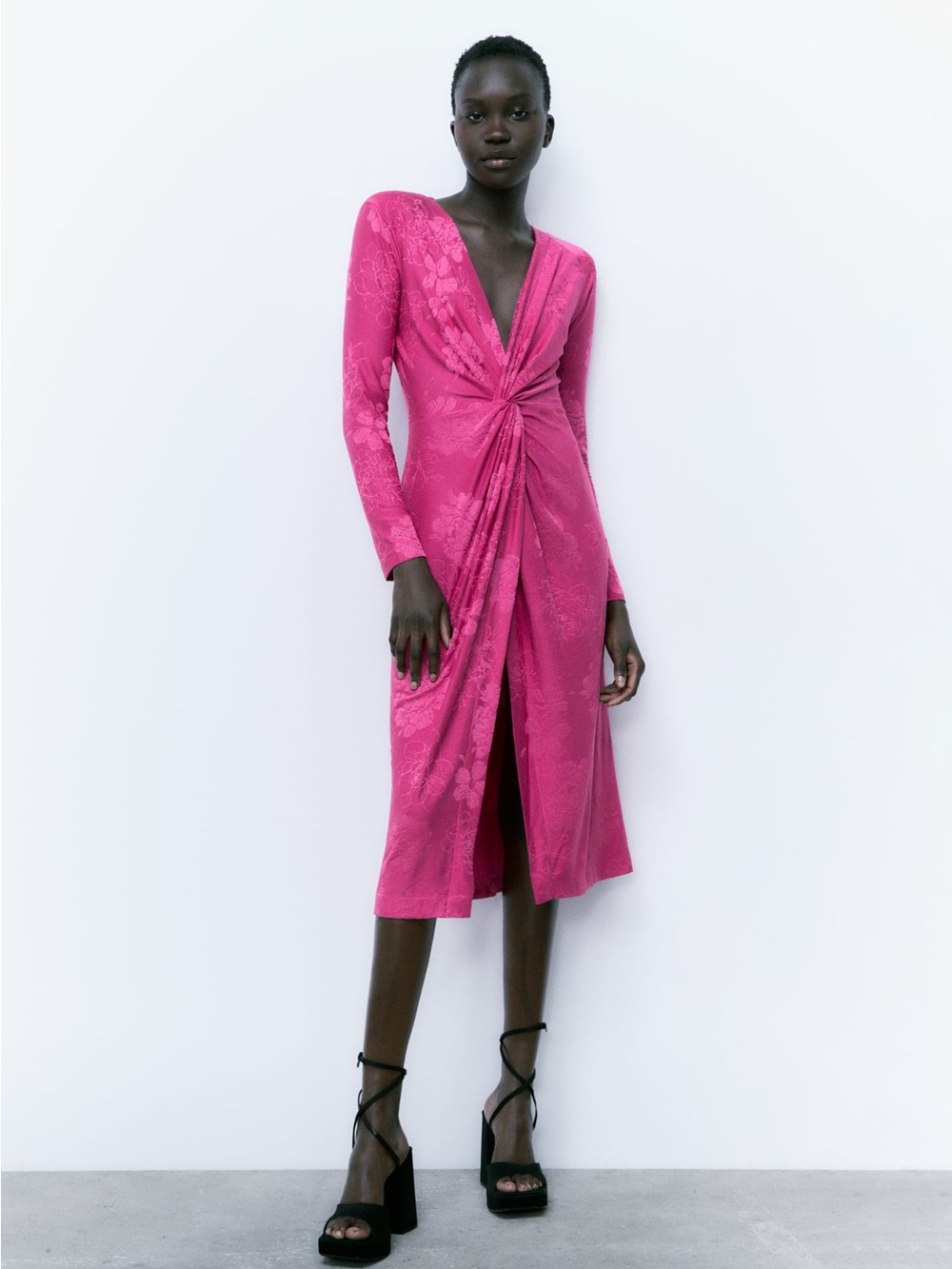 Zara Jacquard Floral Hot Pink Longsleeve Dress